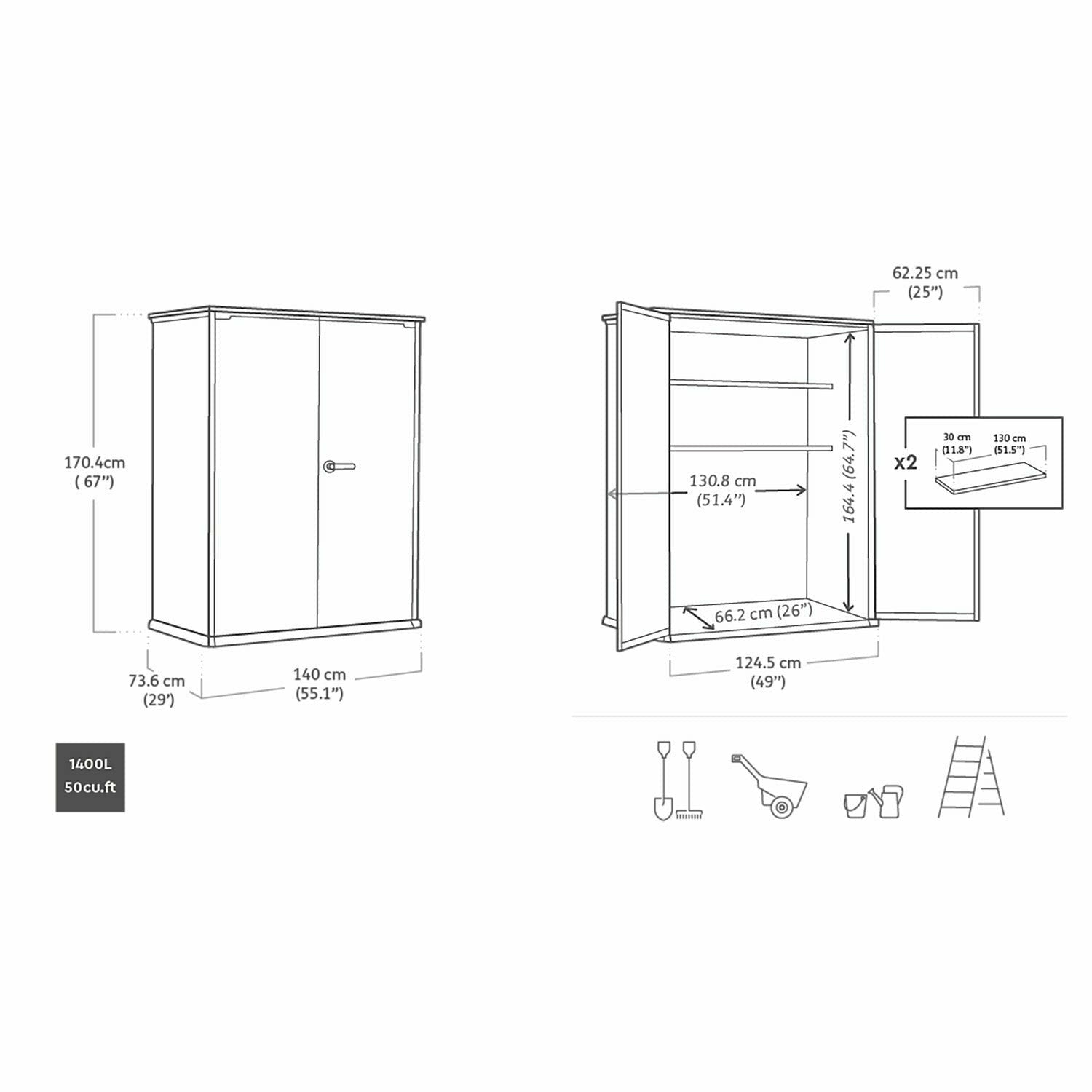KETER - Armadio Box attrezzi da giardino grigio High Store Plus 1400L - h170,4x140x73,6 cm